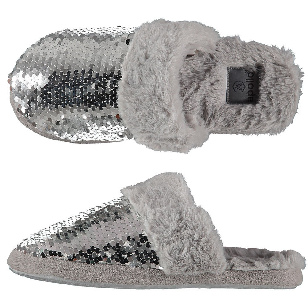 Dames instap slippers/pantoffels met pailletten grijs maat 41-42