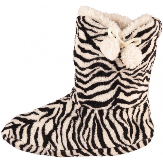 Dames pantoffel sokken zebra motief in het zwart