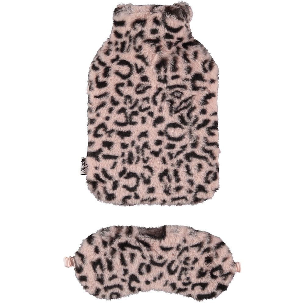 Superzachte fluffy cheetah/luipaard print warmwaterkruik en slaapmasker cadeau set roze