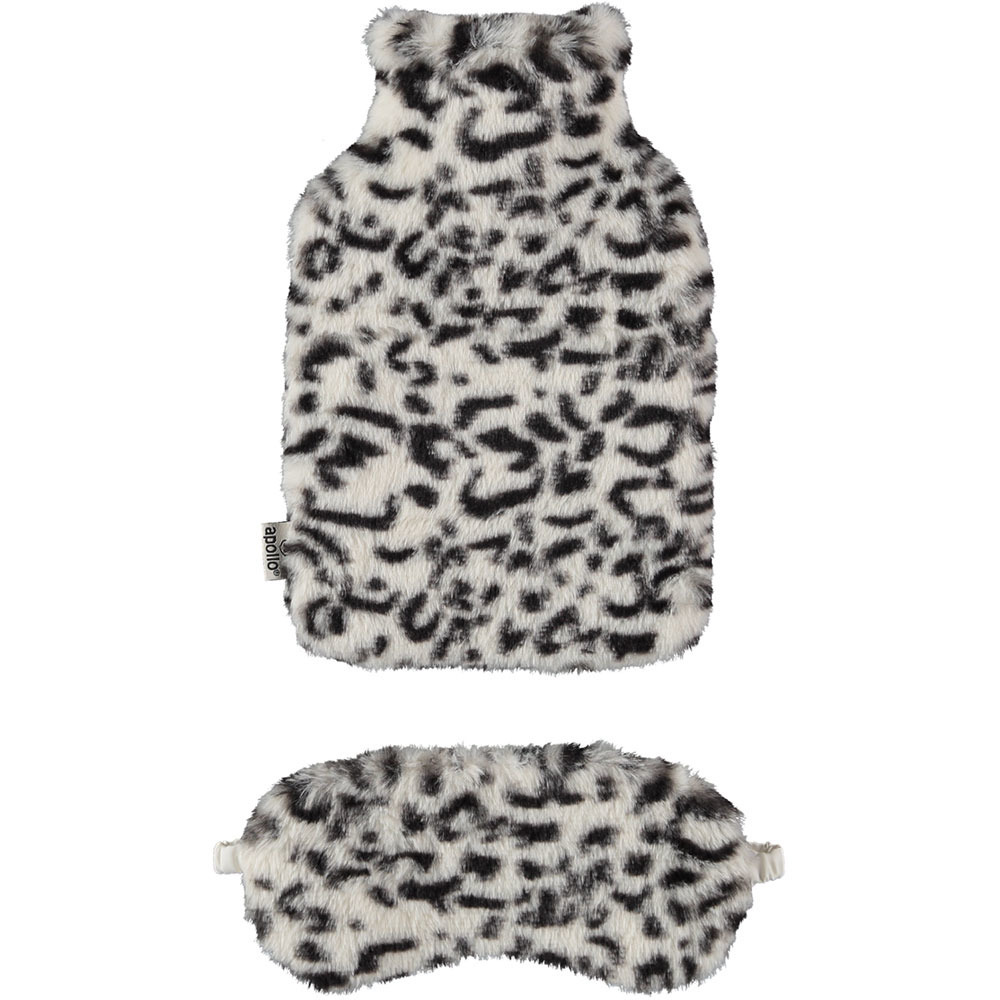 Superzachte fluffy cheetah/luipaard print warmwaterkruik en slaapmasker cadeau set wit