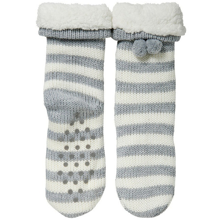 Ladies non slip fleece/knitted home socks grey/white stripes size 36-41