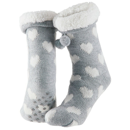 Ladies non slip fleece/knitted home socks grey/white hearts size 36-41