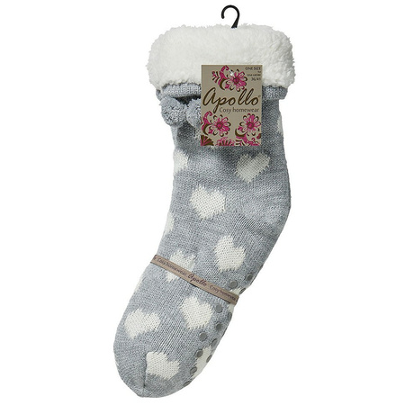 Ladies non slip fleece/knitted home socks grey/white hearts size 36-41