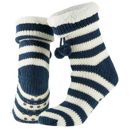 Ladies non slip fleece/knitted home socks navy/white stripes size 36-41