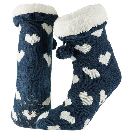 Ladies non slip fleece/knitted home socks navy/white hearts size 36-41