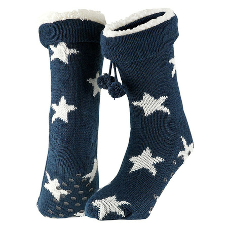 Ladies non slip fleece/knitted home socks navy/white stars size 36-41