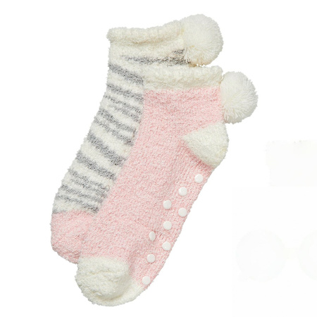 Ladies bed/home socks non slip 2-pack pink/grey one size