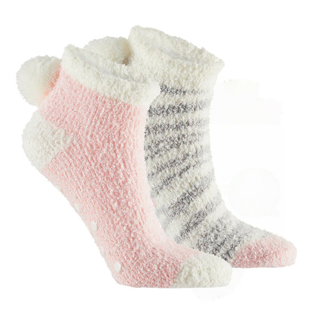 Ladies bed/home socks non slip 2-pack pink/grey one size