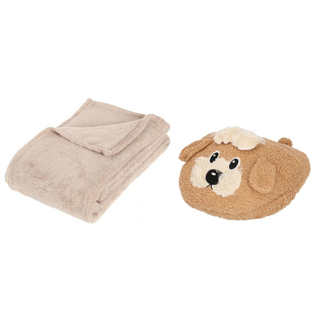 Fleece blanket beige 125 x 150 cm with feetwarmer one size foot slipper of a Terrier Dog head