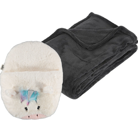 Fleece blanket darkgrey 125 x 150 cm with feetwarmer one size foot slipper of a unicorn head