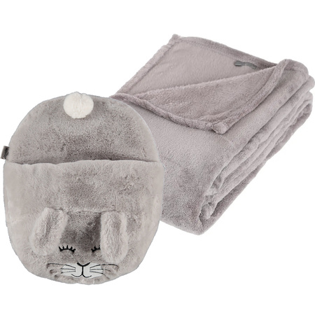 Fleece blanket grey 125 x 150 cm with feetwarmer one size foot slipper of a rabbit head
