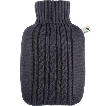 Knitted hot water bottle dark grey 1.8 liters with cable pattern